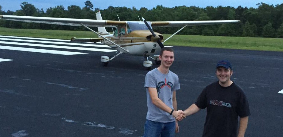 Morgan Joslin, after his first solo flight, with his instructor, Jack Kubit
