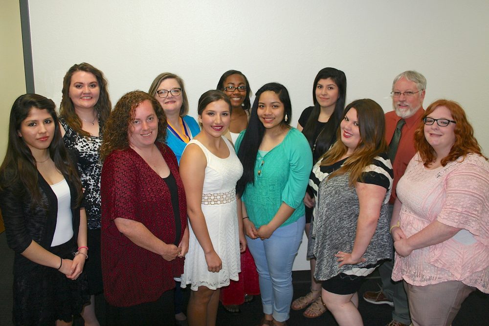 NEW HONOR SOCIETY MEMBERS Several students at the Paris Junior College-Sulphur Springs Center were recently inducted into the Beta Zeta Chapter of Phi Theta Kappa, the two-year college honor society. The induction took place on the PJC-Sulphur Springs campus. New inductees, officers  and advisors pictured include from left: Nazareth Olguin (Chapter Publicity), Anna Jones (Chapter Vice President), Amanda Gunnels (Chapter Secretary), Diann Mason (Advisor), Roselilian Fernandez, Taliana Bell, Olivia Guidino, Olmos Hodalis, Whitney Olivares, David Larkin (Advisor), and Brittany Hall.  