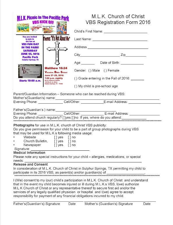 M.L.K. VBS Registration Form 2016