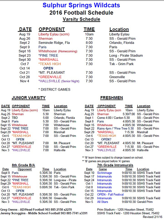 2016 Football Schedule