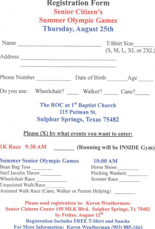 Entry Form for 2016 Summer Senior Olympic Games