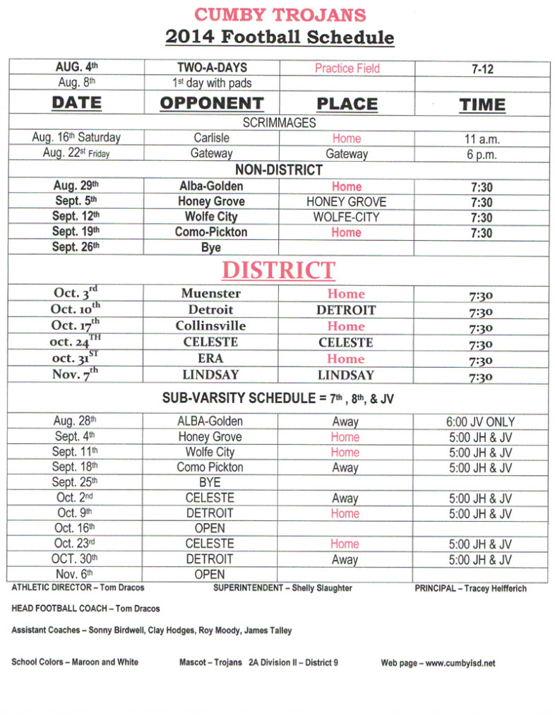 Cumby Football Schedule