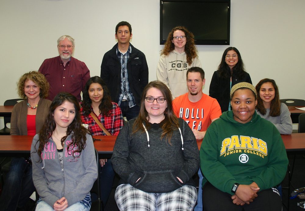 PTK HONOR SOCIETY Phi Theta Kappa Honor Society members on the Paris Junior College-Sulphur Springs Center campus met recently to make plans for their spring semester activities. PJC-Sulphur Springs campus officers for PJC Beta Zeta Chapter of Phi Theta Kappa are seated in front. They are from left, Nazareth Olguin, publicity; Anna Jones, vice-president, and Chaliyah Moore, communications. Other members include (second row) Cynthia Johnson, Wendy Gallegos, Colt Nichols, and Estrella Resendiz. Standing are PTK advisor David Larkin and members Nabor Cuevas, Jr., Shandi Groezinger and Alexis Foster.