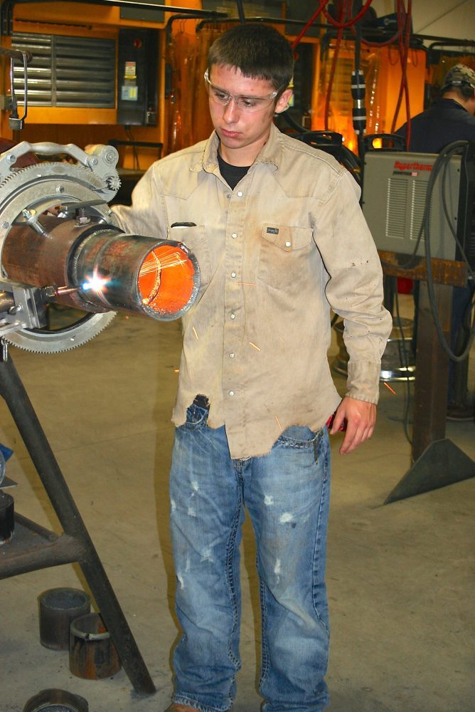 PIPE CUTTING             Daniel McDonald, a welding student from Cumby, completes a pipe-cutting project at the Paris Junior College-Sulphur Springs Center welding shop. The Welding Shop is located on the new PJC-Sulphur Springs campus located at 1137 Loop 301 East in Sulphur Springs. To learn more about the welding workforce program, call 903-885-1232.