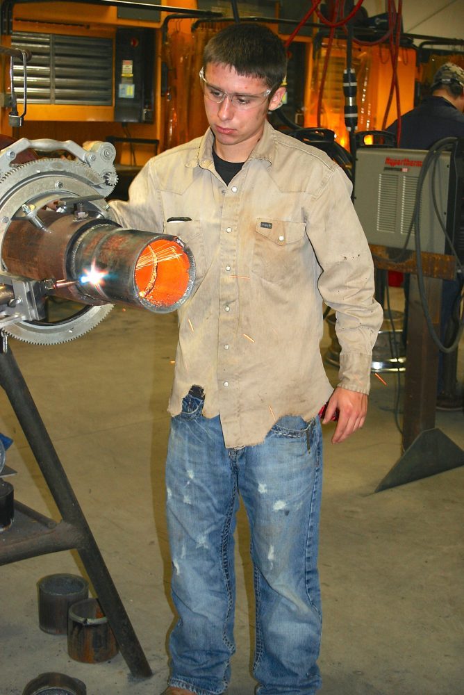 PIPE CUTTING Daniel McDonald, a welding student from Cumby, completes a pipe-cutting project at the Paris Junior College-Sulphur Springs Center welding shop. The Welding Shop is located on the new PJC-Sulphur Springs campus located at 1137 Loop 301 East in Sulphur Springs. To learn more about the welding workforce program, call 903-885-1232.