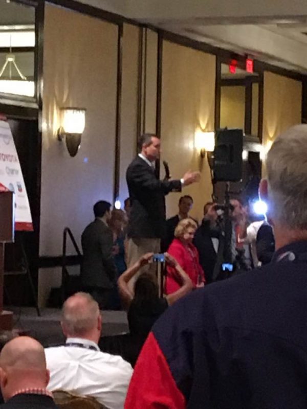 Texas Senator Ted Cruz addresses a Wednesday morning gathering telling them to vote their conscience. He repeated the phrase Wednesday night to the displeasure of the Texas Delegation to the RNC.