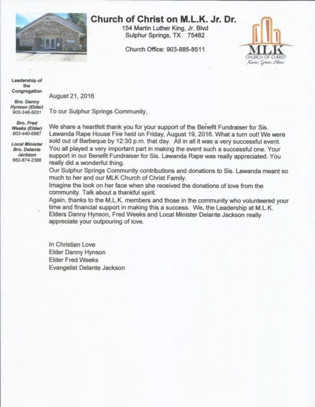 Thank you letter to Community for their support of  Lawanda