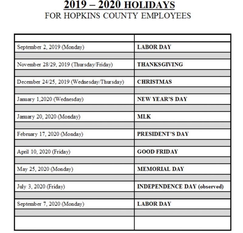 County 20192020 Holiday Calendar Approved  Ksst Radio