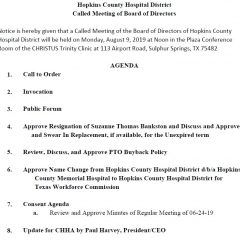Hopkins County Hospital District Board Calls Special Noon Meeting On Aug. 9