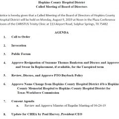 Hopkins County Hospital District Board Calls Special Noon Meeting On Aug. 9