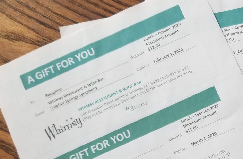 12 individual .00 gift certificates for each month of 2020 towards a lunch a month!!!! Jan 2020 to Dec 2020