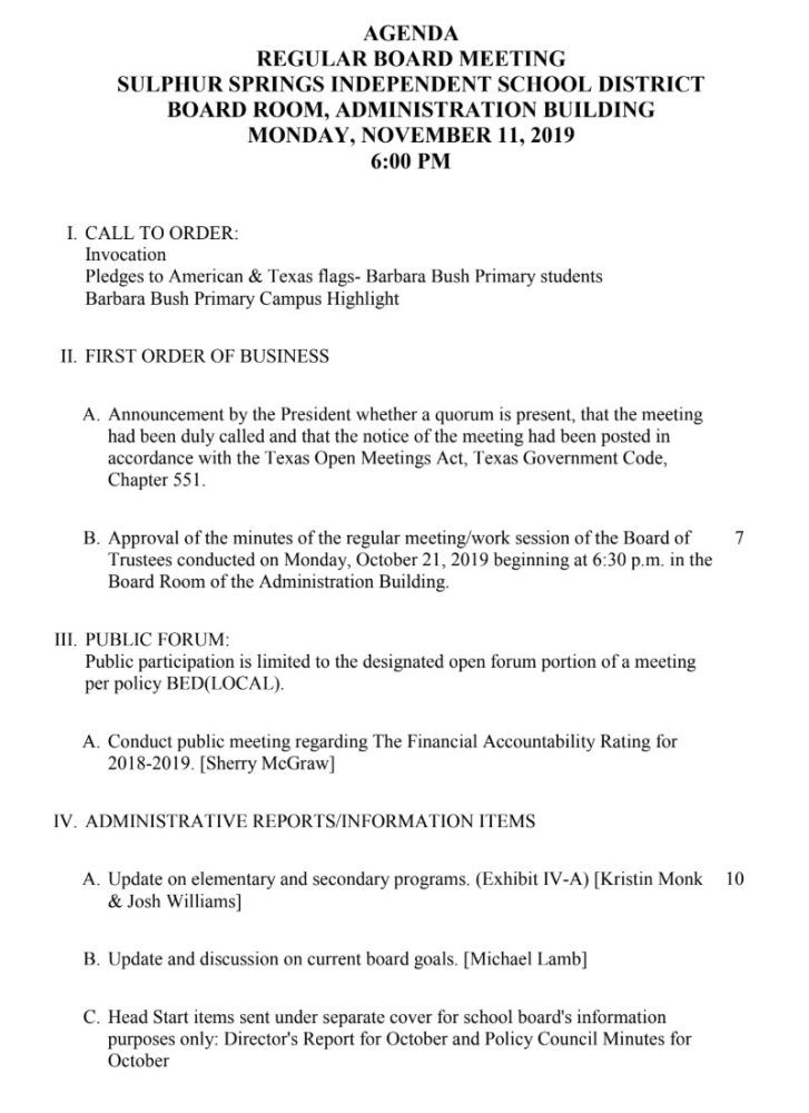Sulphur Springs ISD Agenda For Monday, Nov. 11, 2019 Ksst Radio