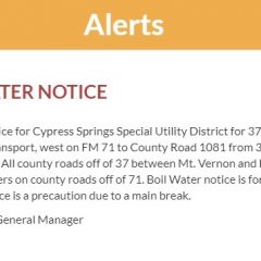 Cypress Springs Special Utility District Water System Issues Boil Water Notice For Hagansport, Mt. Vernon Area