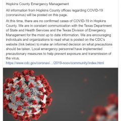 Hopkins County Emergency Management Report No Confirmed Cases Of COVID-19 In Hopkins County