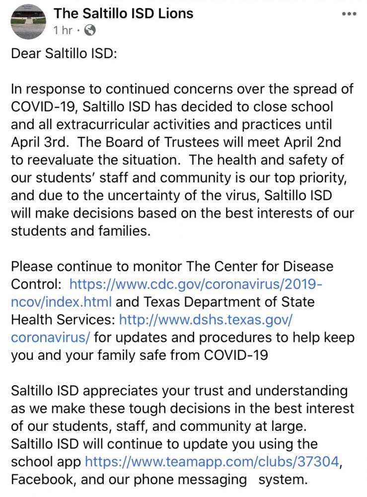 Saltillo ISD To Remain Closed Through April 3 Ksst Radio