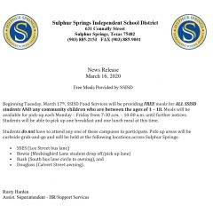 SSISD Providing Free Meals For Kids 1-18 Years