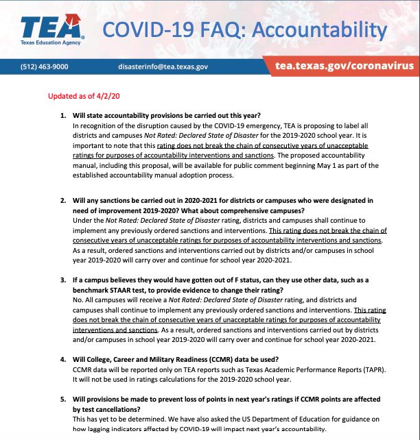TEA State Accountability, Testing Waived For All Districts, Campuses