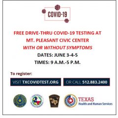 Free Drive-Thru COVID-19 Testing Offered June 3-5 In Mount Pleasant