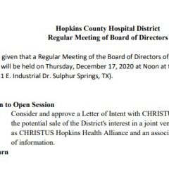 Hospital District Board To Discuss Potential Sale Of Interest In CHRISTUS Hopkins Health Alliance