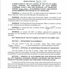 Public Notice: City Of Cumby Resolution No. 2021-01