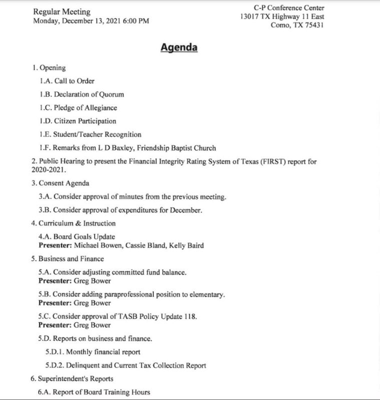 ComoPickton CISD Board Of Trustees Dec. 13, 2021 Agenda Ksst Radio