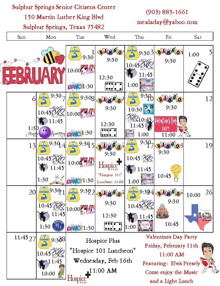 2022 February Calendar Senior Citizens Center
