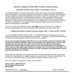 NOTICE: City Of Sulphur Springs Surface Water Treatment Technique Violation