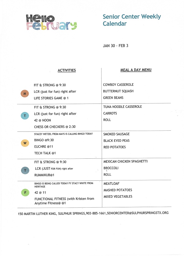 Senior Center Weekly Calendar January 30 2023