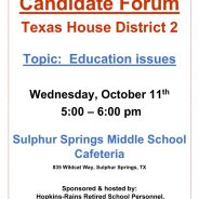 A Candidate Forum For House District 2 Candidates Will be Held October 11, 2023