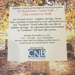 The Genealogical Society’s City Cemetery Walk is Sunday, November 12th