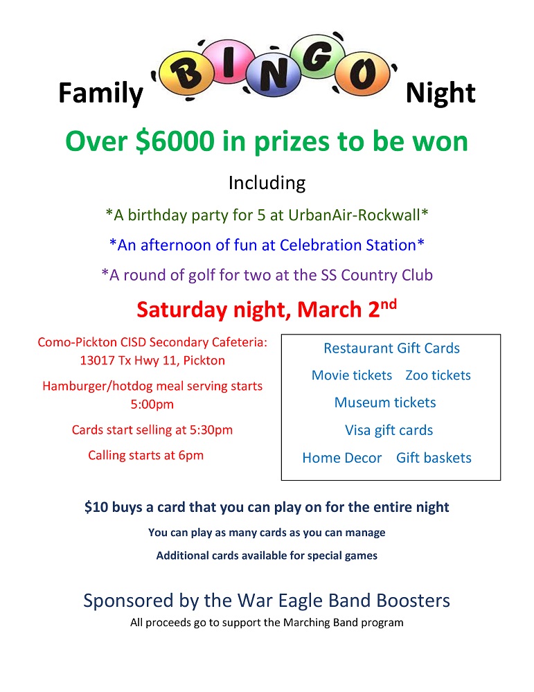 Como-Pickton CISD Band Booster Family Night Bingo info for 2024