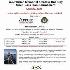 Jake Wilson Memorial Amateur One-Day Open Bass Team Tournament Coming Up in April