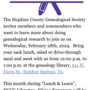 Next Lunch & Learn by the Genealogical Society to be held February 28th