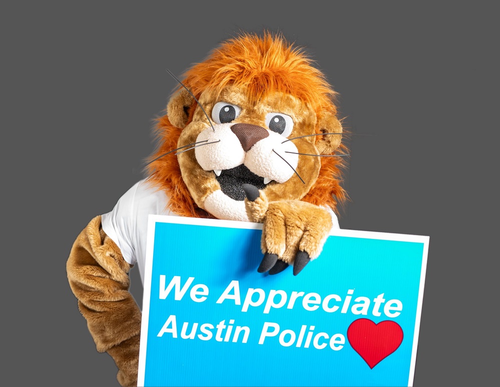 Lucky with Austin Police Dept Sign