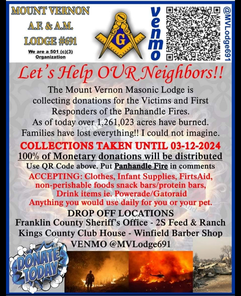 Mt. Vernon Masonic Lodge collecting for victims of panhandle fires 2024