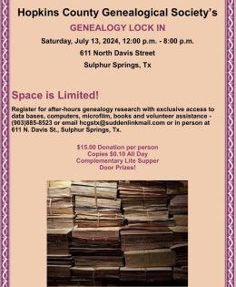 Registration is now Underway for Hopkins County Genealogical Society Genealogy Lock In July 13th