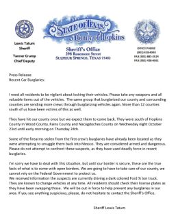 Hopkins County Sheriff Tatum Makes Plea to Residents In Effort to Prevent Car Burglaries