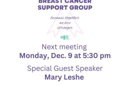 Breast Cancer Support Group to Meet December 9th