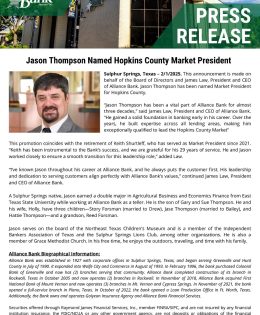 Alliance Bank Announces Jason Thompson as Hopkins County Market President
