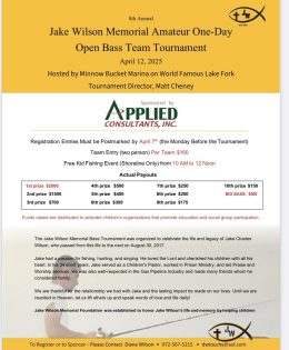8th Annual Jake Wilson Memorial Bass Tournament to be Held April 12th