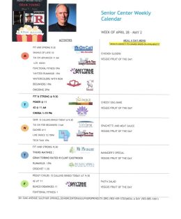 Weekly Senior Center Activities with Meal A Day Menu for the Week of April 28th