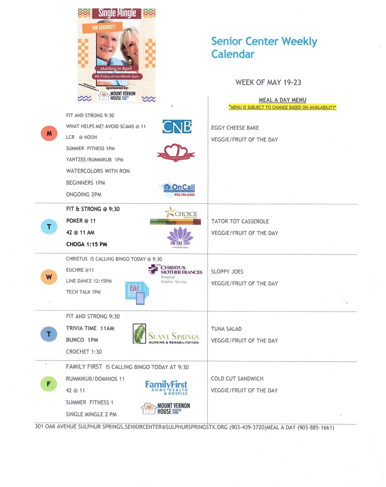 Meal A Day and Senior Citizens Activity Center Activities for week of May 19th
