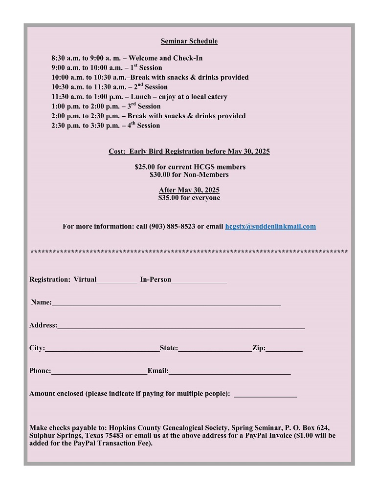 Hopkins County Genealogical Society 2025 Summer Seminar.2