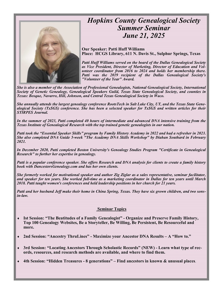 Hopkins County Genealogical Society 2025 Summer Seminar