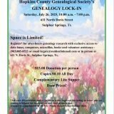 Hopkins County Genealogical Society’s Genealogy Lock-In is July 26th