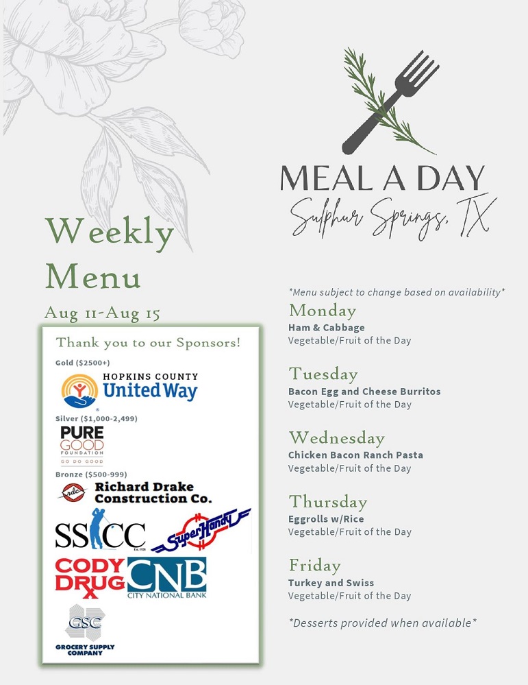 Meal A Day Menu Aug 11-Aug 15 2025
