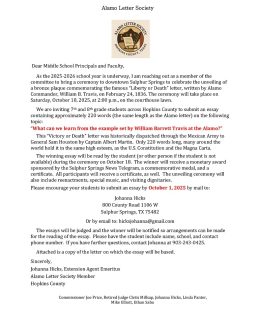 The Alamo Letter Society Announces Essay Contest for 7th and 8th Graders as Part of Plaque Dedication Event