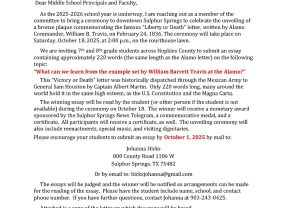 The Alamo Letter Society Announces Essay Contest for 7th and 8th Graders as Part of Plaque Dedication Event