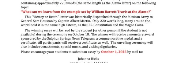 The Alamo Letter Society Announces Essay Contest for 7th and 8th Graders as Part of Plaque Dedication Event