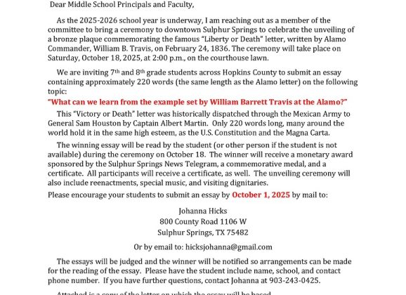 The Alamo Letter Society Announces Essay Contest for 7th and 8th Graders as Part of Plaque Dedication Event